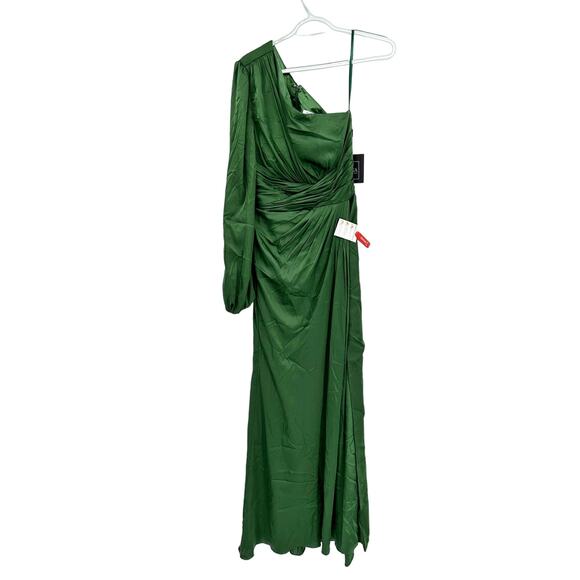 Mac Duggal 11251 Emerald Green One Shoulder Long Sleeve Draped Charmeuse Gown - Picture 3 of 7